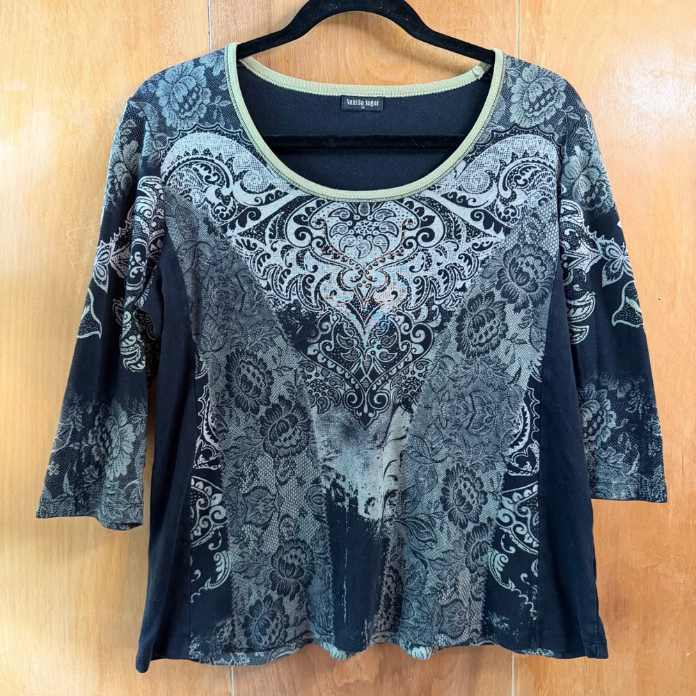 Whimsigoth Vanilla Sugar Y2K Baroque Paisley Lace Print Rhinestone Top 1X